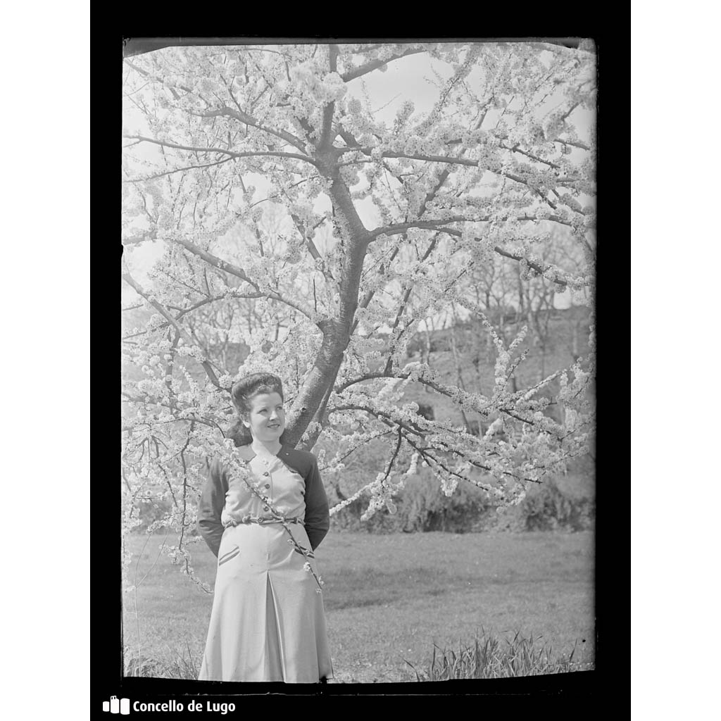 Retrato feminino con ciruelo en flor no lugar de A Fervedoira