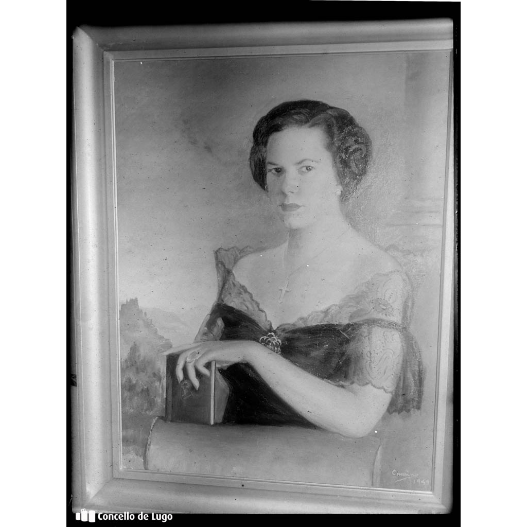 Reprodución fotográfica dun retrato feminino ao óleo de Ricardo Camino