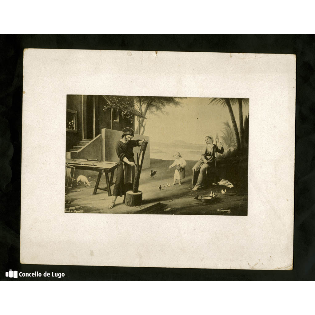 Reprodución fotográfica de cadro con escena da Virxe María, Xesús neno e San Xosé carpinteiro. Silvio Capparoni