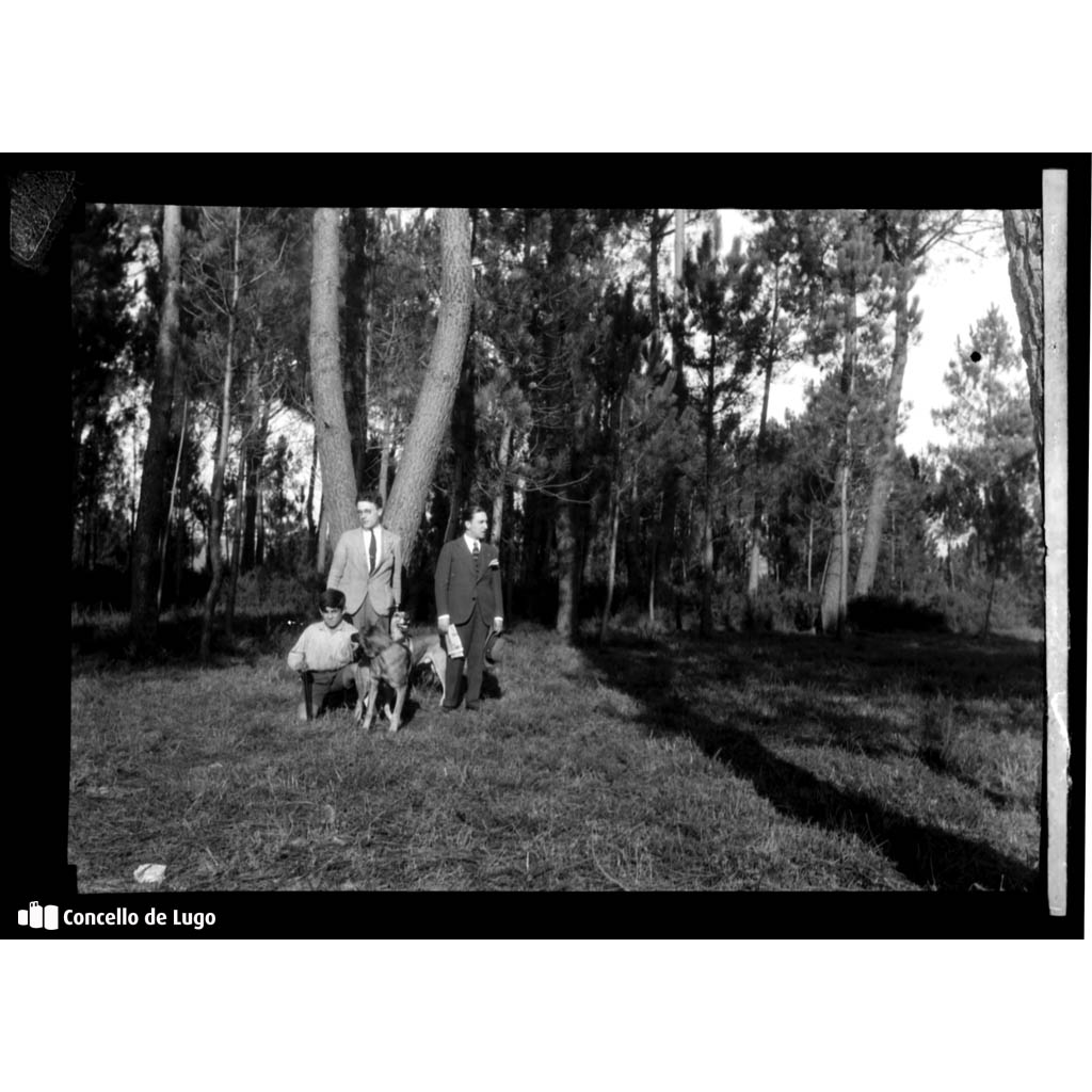 Retrato de grupo de Desiderio Fole, Juan Burgos e José Lage nun bosque de pinos